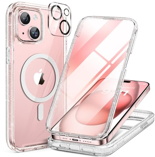 miracase Magnetic Case for iPhone 15 Case 6.1-Inch, Full Body Bumper Clear Back Cover Compatible with MagSafe and Built-in 9H Tempered Glass Screen Protector + Camera Lens Protector (Clear Glitter)