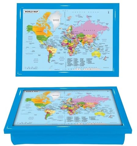 World Map Theme Large Wooden Lap Tray With Cushioned Bean Bag Brakfast, Dinner Laptop, TV, Food, Serving Tray (BLUE)