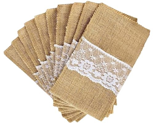 Pasdrucn 40 Stück Jute Bestecktaschen, 22x11cm Bestecktasche Jute Besteckbeutel, Besteckhalter Aus Sackleinen, Jute Bestecktaschen Mit Spitze, Vintage Hochzeitsdeko Tischdeko Für Hochzeit Party (A)