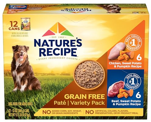 Nature’s Recipe Grain Free Wet Dog Food Paté Variety Pack Chicken and Beef Recipes with Sweet Potato & Pumpkin, 13oz. Cans (Pack of 12 Cans)