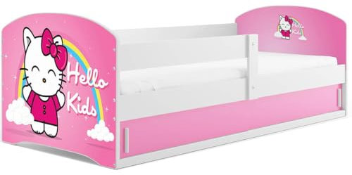 All4All Kinderbett Leo - 80x160cm - Holzbett - Jugendbett - Einzelbett - Bett mit Matratze - Latenrost - Kiefernholz -Bett für Mädchen und Jungen - Stauraum - Kitty Weiß ohne Matratze - 20
