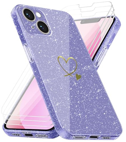 crisant Handyhülle Kompatibel mit iPhone 13 mit 3 Stücke Schutzfolie, Weich TPU Anti-Fingerabdruck Hülle, Glitzer und Absturzsicherung Schutzhülle (Violett)