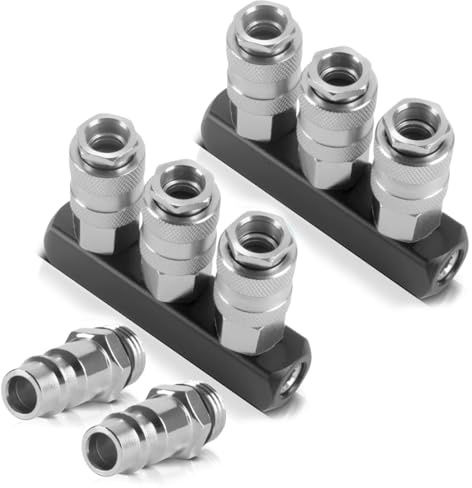 STAHLWERK 3-fach Druckluft-Verteiler 2er Set, Pneumatik-Verteiler bis 35bar | 3 Schnellkupplungen NW 7,2 & 1/4 Anschlussgewinde, aus Aluminium & Messing, robustes Zubehör für Druckluft-Kompressoren