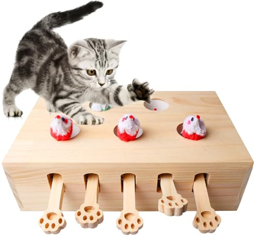 Behogan Interaktives Katzenspielzeug, 5-Loch-Mäuse-Schlag-eine-Maulwurf Katzenmaus-Spielzeug, Holz Spielzeug für Katzen, Jagd, Spielen, Trainieren Kratzen (Holzfarbe)