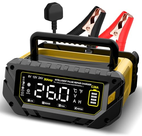 26A Car Battery Charger 6V/12V/24V, LiFePO4 Battery Charger, Automatic Maintainer with Temperature Compensation for Boat SUV Motorcycle Lithium LiFePO4 and Lead-Acid(AGM, GEL, MF, EFB, SLA, Etc)
