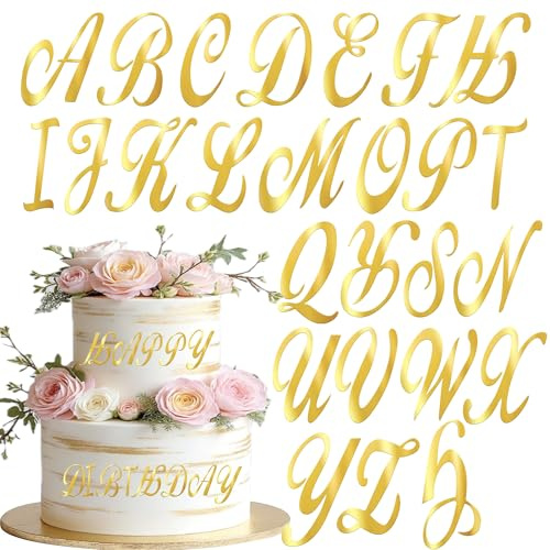 Xsstarmi 52 Pack Alphabet Cake Topper Gold Acrylic Mirrored Letters A-Z Name DIY Cake Decorations for Baby Shower Wedding Birthday Anniversary Party Cake Decorations Supplies