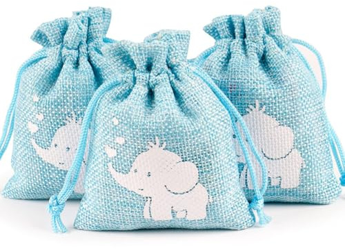 GreatRise 10pcs 8×10cm Jutesäckchen mit Kordelzug Jute Geschenktüten Niedlich Geschenkbeutel Wiederverwendbare Säckchen zum Befüllen für Kinder Geburtstag Taufe Babyparty Blaues Elefanten