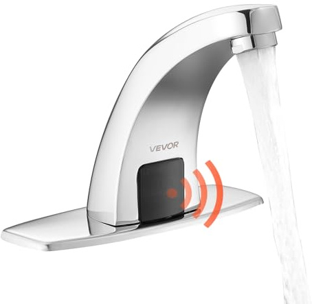 VEVOR Mitigeur Automatique sans Contact, Robinet à Capteur de Lavabo, Mélangeur d’Eau Chaude et Froide Réglable Mains Libres, pour Tuyau de 9,5 mm, pour Bar Cuisine Salle de Bain, Chromé Argenté