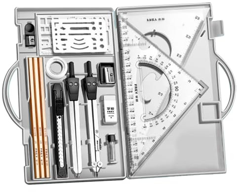kompas Set mit 16 präzisen Mathematik Werkzeugen, praktisches Zubehör für Schule und Studium | Enthält Zirkel, Lineal, Winkelmesser, Bleistift, Radiergummi, Spitzer, Aufbewahrungsbox – Geeignet für S