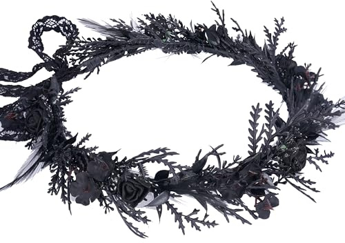 MOSTORY Schwarze Hexe Elfen Kopfschmuck Blüten Haarkranz für Gothisches Zubehör, Dunkle Fee Feder Haarschmuck Gothic Cosplay Damen Karneval