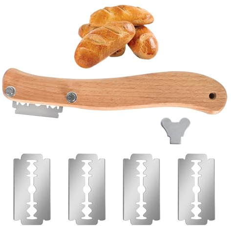 FooYee Cuchillo de Panadero, Cuchillo para Masa Pan, Herramienta de Corte de Pan, con 5 Cuchillas de Repuesto, Madera Navaja de Pan, para DIY Pan Masa Hornear Cocina Bricolaje