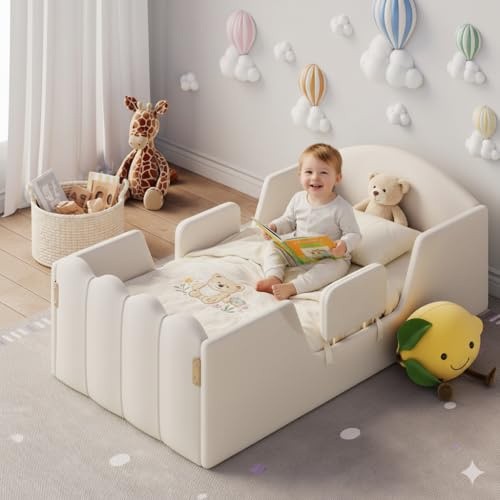 EROMMY Toddler Bed, Child Bed for Kids with Extra Safety Broad, Standard Crib Size Toddler Bed, Certified Fabric Toddler Beds,Toddler Flood Bed No Mattress(Beige)