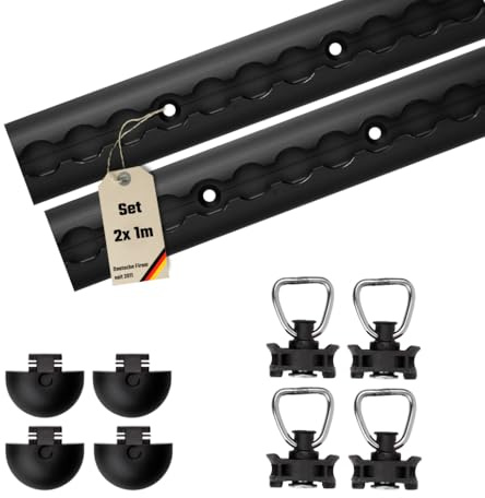 LOADCARE Airlineschienen Starter Set – 2 eloxierte Airlineschienen (1 m, halbrund, gebohrt alle 10 cm) inkl. 4 Endkappen, 4 Schwarze Fittinge (Schwarz eloxiert, Schwarz)