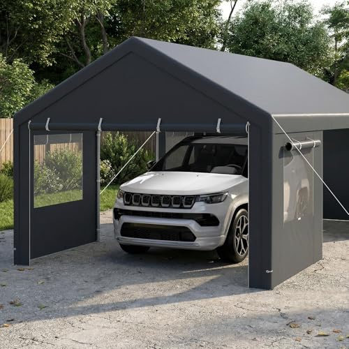 GOPLUS Tente Garage Carport Tube Galvanis, 363 x 600 cm, Abri Voiture avec Bâche PE Imperméable, Parois Latérales Amovibles, Fenêtres et Porte, Tente Voiture, pourSUV &Moto (3,65x6x2,95M,Gris Foncé)