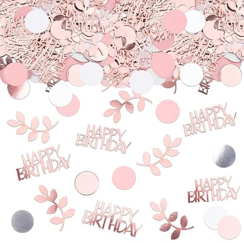 Bolosa Rose Gold Birthday Confetti 200 Pieces Pink Happy Birthday Confetti - Mixed Leaves & Round Table Scatter Decorations - For Girls, Women & Adult Parties, Cake Tables, Gift Bags, Invitations