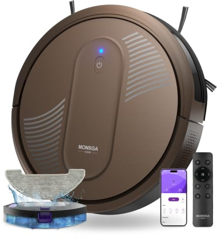 MONSGA Robot Aspirador,Robot Aspirador y Fregasuelos 4000Pa Presión de Succión, Autonomía 140 Minutos, Sensores Anticaídas y Cepillo Multifunción, TotalSurface, App Control (marrón café)