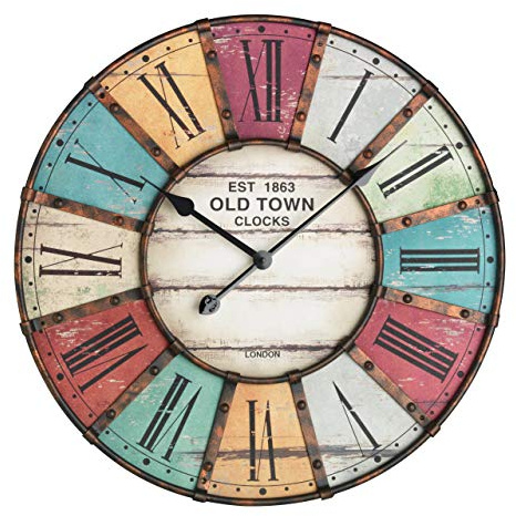 TFA Dostmann Vintage XXL Design-Wanduhr, mit Metallrahmen, römischem Zifferblatt im Vintage-Look, 60 cm Durchmesser, Mehrfarbig, 60.3021