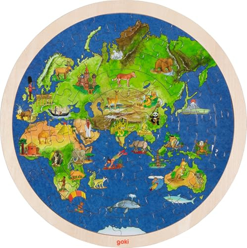 goki 57666 - Einlegepuzzle Weltkugel aus Holz, Holzpuzzle mit Menschen & Tieren der Erde, Lernspielzeug und Kinderpuzzle, fördert Fantasie und Motorik, 30cm x 30cm, 57er Set, ab 6 Jahre