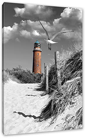 Pixxprint Leuchtturm mit Möwe an Strandweg B&W, Größe: 120x80cm, Leinwandbild, fertig gespannt, Wandbild, Dekoration, Kunstdruck, kein Poster