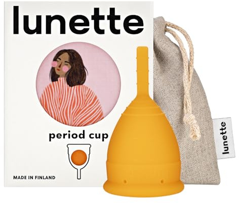 Lunette Menstruationstasse Wiederverwendbare Periodentasse mit 12 Stunden Komfort – Weiches Medizinisches Silikon, Tampon-Alternative für 10 Jahre, Größe 1 Orange