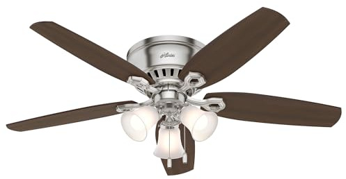 Hunter 52 inch Indoor Ceiling Fan with LED Lights - Ceiling Fan with Pull Chain, For Bedroom, Living Room, or Kitchen, Low Profile Mount, No Remote, 5 Blades - Builder 53328, Brushed Nickel