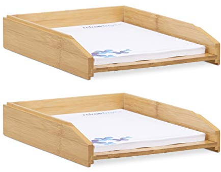 Relaxdays 2 x Dokumentenablage, stapelbar, DIN A4 Papier, Büro, Schreibtisch, Briefablage aus Bambusholz, 6 x 25 x 33 cm, Natur