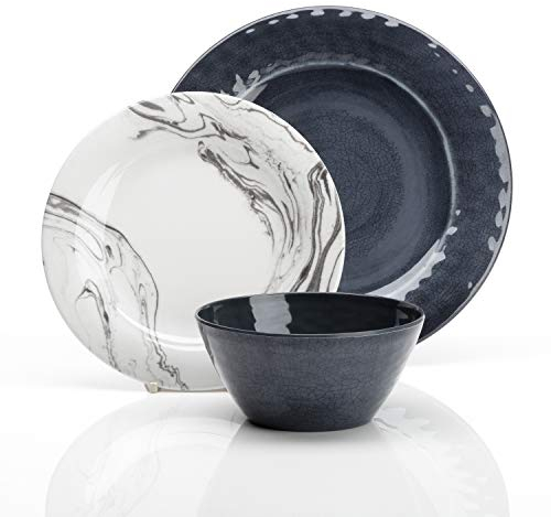 Flamefield Marble Service de table rond en mélamine pour 4 personnes, brillant, sans BPA, passe au lave-vaisselle, ne passe pas au micro-ondes