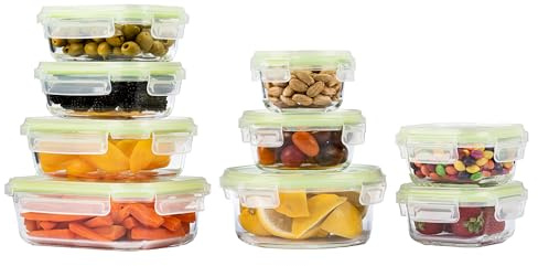 Home Fleek Frischhaltedosen Mit Deckel – Luftdichte Behälter Für Lebensmittel, Glas Schüssel Mit Deckel Set Sicher Für Mikrowelle Und Gefrierschrank | Meal Prep Boxen Glas (9 Behälter, Grün)
