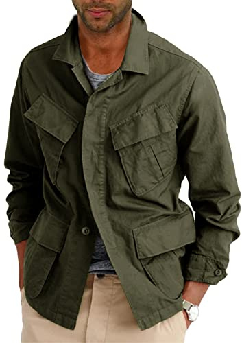 Runcati Leichte Safari-Jacke für Herren, Baumwolle, mit Knopfleiste, Outdoor, Militär, Cargo-Oberbekleidung, Grün (Army Green), L