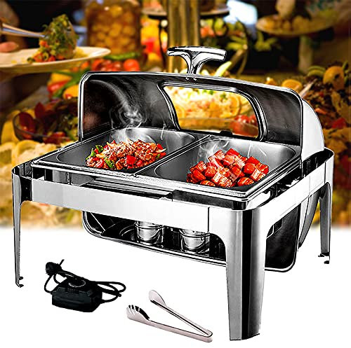 Chafing Dish Eléctrico Buffet para Buffet, Calentador Acero Inoxidable Comida Buffet con Tapa de Rollo Transparente y Clip de Comida, Temperatura Regulable (0-90°)