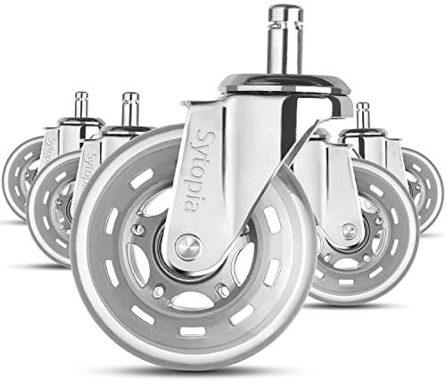 Sytopia Bürostuhl Rollen 10mm, Rollen für Bürostühle 10mm x 22mm, Gummi Bürostuhlrollen 5er-Set für hartboden, parkett, laminat, Bodenschutzmatten, Nur Kompatibel mit 1KEA Bürostühle (Silber)