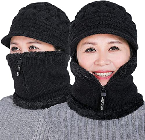 Fleece gefütterte Damen Beanie-Mütze, Wintermütze, Schal, Masken-Set, Damen-Wintermütze, mittelalter und alter warmer Ohrenschützer, 1 x schwarz (Reißverschluss), Einheitsgröße