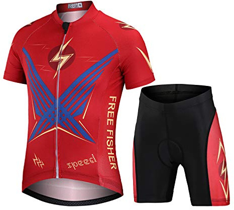L PATTERN Kinder Radsport Bekleidung Jungen Fahrrad Trikot Set Mädchen Radtrikot Radhose mit Sitzpolster Atmungsaktiv Anzug Shirt Kurzarm+Kurz Fahrradhose, Rot, 150