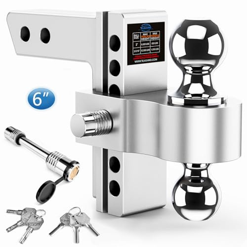 Tlvuvmo Adjustable Trailer Hitch, 6 Inch Drop Hitch Ball Mount (Fits 2-Inch Receiver), 12,500 LBS GTW, (2 & 2-5/16) Chrome Plated Steels Balls, Aluminum Tow Hitches with Two Anti-Theft Pins Locks