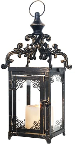 DECORKEY Candle Lantern Decorative Indoor & Outdoor, Large Vintage Metal Hanging/Tabletop Lanterns for Patio, Front Porch, Rustic Home Decor, Candle Holders for Christmas Decorations (Bronze)