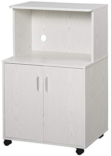 HOMCOM Küchenschrank Mikrowellenschrank Sideboard mit Rollen Büroschrank Küchenwagen mit verstellbarem Einlegeboden Kippschutz Spanplatte Weiß 60,4 x 40,3 x 97 cm