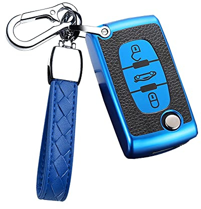 HIBEYO Klappschlüssel Autoschlüssel Hülle passt für Peugeot Schlüsselhülle für Citroen C1 C2 C3 C4 Berlingo für Peugeot 307 207 407 308 Fernbedienung Schlüsselbox TPU Leder Texture 3Tasten-Blau