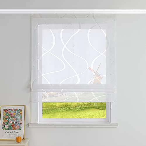 CORLIF Raffrollo Ausbrenner Gardinen Küchen Raffgardinen Landhaus Transparente Bändchenrollo mit Wellenmuster Kurzvorhang Modern Rollos mit Klettband Weiß BxH 140x140 cm 1 Stück
