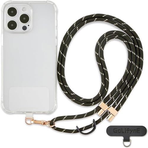 Golifyne Handykette Universal Handyband zum Umhängen - Schwarz Gold | Handykette zum Schutz vor Verlust mit 2 Tether-Tabs aus TPU & Nylon. Für iPhone, Samsung und Smartphones mit Vollschutzhülle.