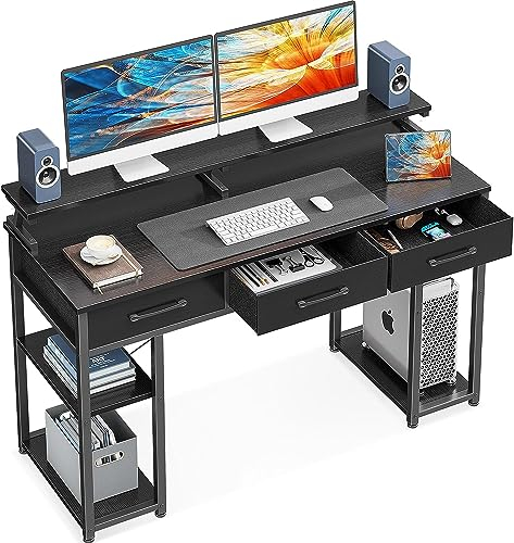 ODK Schreibtisch mit Schubladen, Computertisch mit Regal, 120x50x90cm Gaming Tisch mit Monitorständer, Bürotisch Schwarz PC-Tisch für Home Office, Büro, Wohnzimmer
