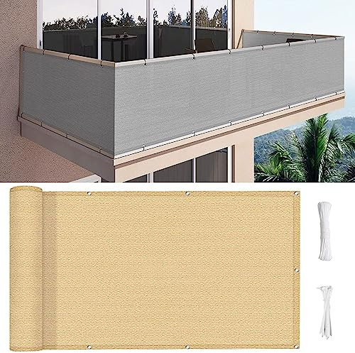 Balkon Sichtschutz Balkonabdeckung 130 x 650 cm Windschutz Staubschutz Sichtschutz Balkonumspannungen mit Ösen und Kordel für Balkon Terrasse Garten, Sandgelb