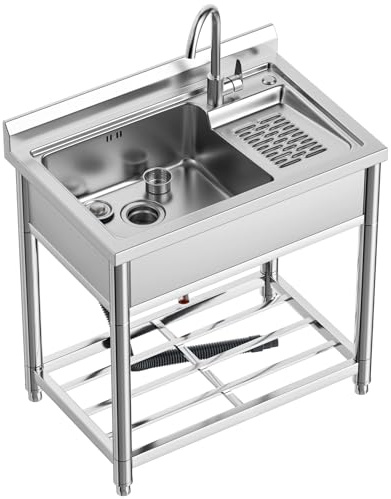 Stainless Steel Utility Sink, Free Standing Laundry Sink with Washboard, Laundry Tub with Cold and Hot Water Faucet for Laundry Room Kitchen Garage Basement Shop Garden, Indoor and Outdoor