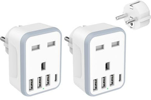 Loydia 2 Pack European Travel Adapter - 5 in 1 UK to EU Adapter with 4 USB Ports, UK to Turkey Travel Plug, Grounded Schuko Plug for Germany, France, Spain, Portugal, Poland, Austria (Type E/F)