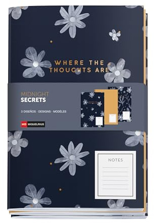 Miquelrius Notizbücher A5 (142 x 210 mm), Packung mit 3 Notizblöcken, innen weiß gepunktet, 32 Blatt à 80 g/m², Umschlag aus strukturiertem Karton mit Prägungsdetails, Kollektion Midnight Secrets