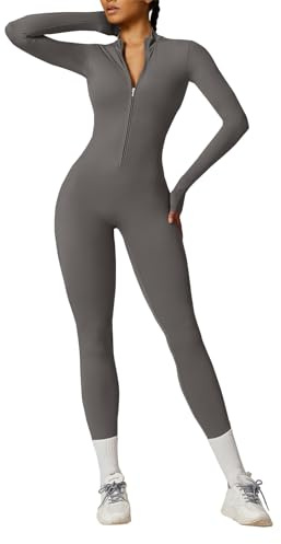 OEAK Combinaison de sport longue et ajustée pour femme - Combinaison de yoga - Manches longues - Col roulé - Combinaisons avec fermeture éclair - Body sans coutures - Moulant - Barboteuse - Une pièce