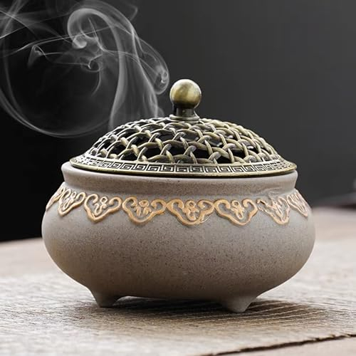 Vintage Keramik Räuchergefäß Weihrauchbrenner Räucherstäbchenhalter Halter Rund Chinesisch Porzellan Räucherschale mit Metall Deckel und Feuerfeste für Home Wohnzimmer Meditationsraum Office Deko