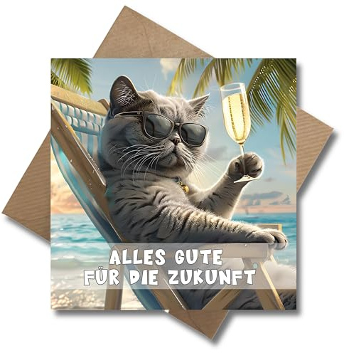 WBdesignz Lustige Abschiedskarte Ruhestand Karte Rente - Katze am Strand Pension Abschied Witzig Abschiedsgeschenk (125 x 125 mm)