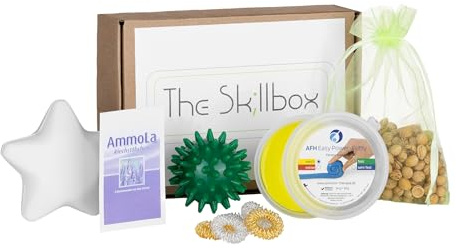 The Skillbox - Kit d'aide aux compétences pour adultes et adolescents en cas de stress, attaques de panique, états de charge - Kit de compétences avec : anneaux d'acupression, balles anti-stress, pâte