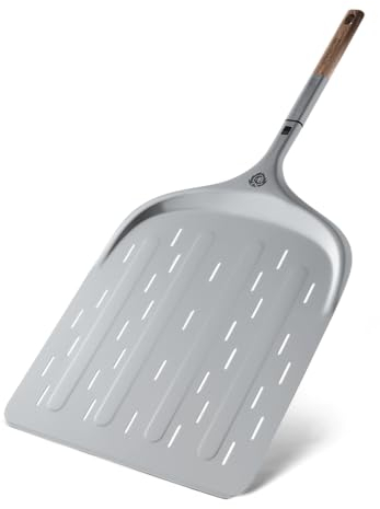 BURNHARD Pizzaschieber Pizza Peel, Aluminium-Schaufel mit Perforation & Akazienholz-Griff, inkl. Steckmechanismus, temperaturbeständig für Pizzaofen – 77,6 cm x 36,1 cm x 1,6 cm
