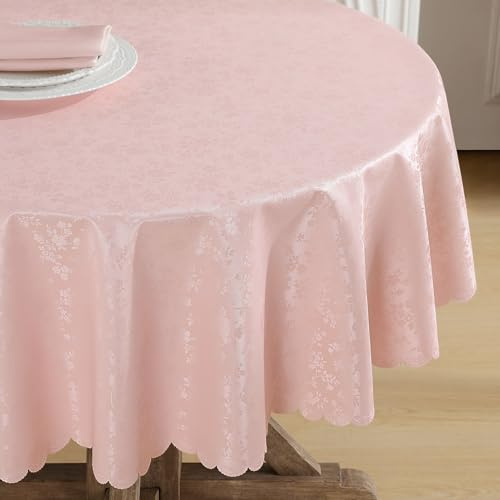 Romanstile rosa Tischdecke rund Durchmesser von 160 cm Wachstuch 350GSM Tafelwäsche Table Cover wasserdicht deko für Mädchen Geburtstag,Party,Weihnachten,Hochzeit,Frühling,Pink,Geschenke für Frauen